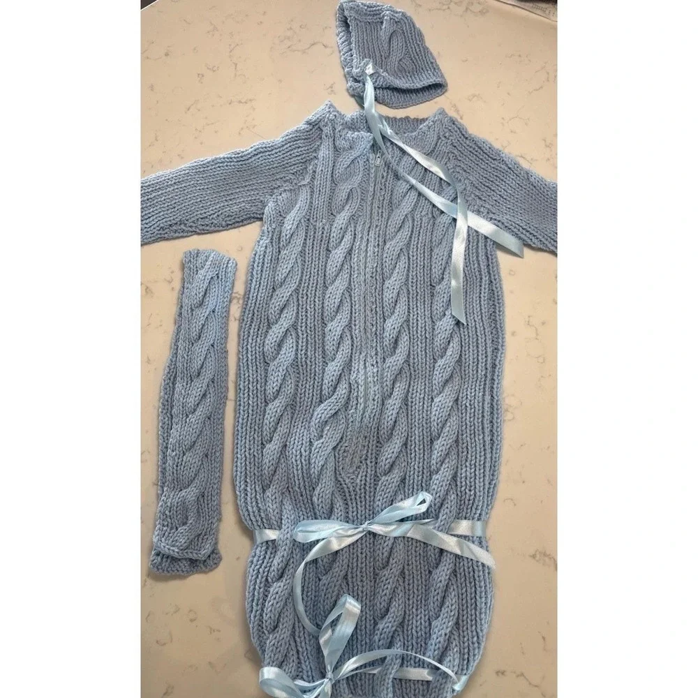 Handknit Baby‎ Sweater Sack Cable Knit Zipper Ribbon Matching Bonnet Boy Blue